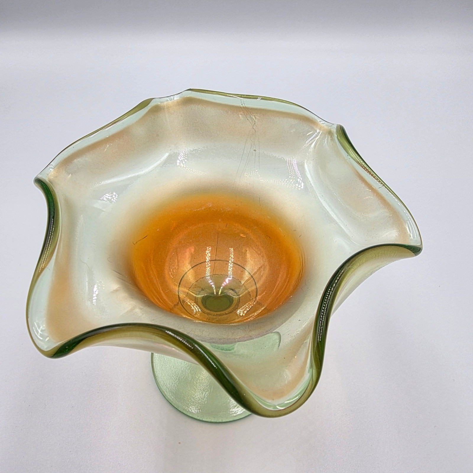 VNTG Carnival Glass Compote Ruffled Handkerchief Bowl Marigold Green Iridescent gallery