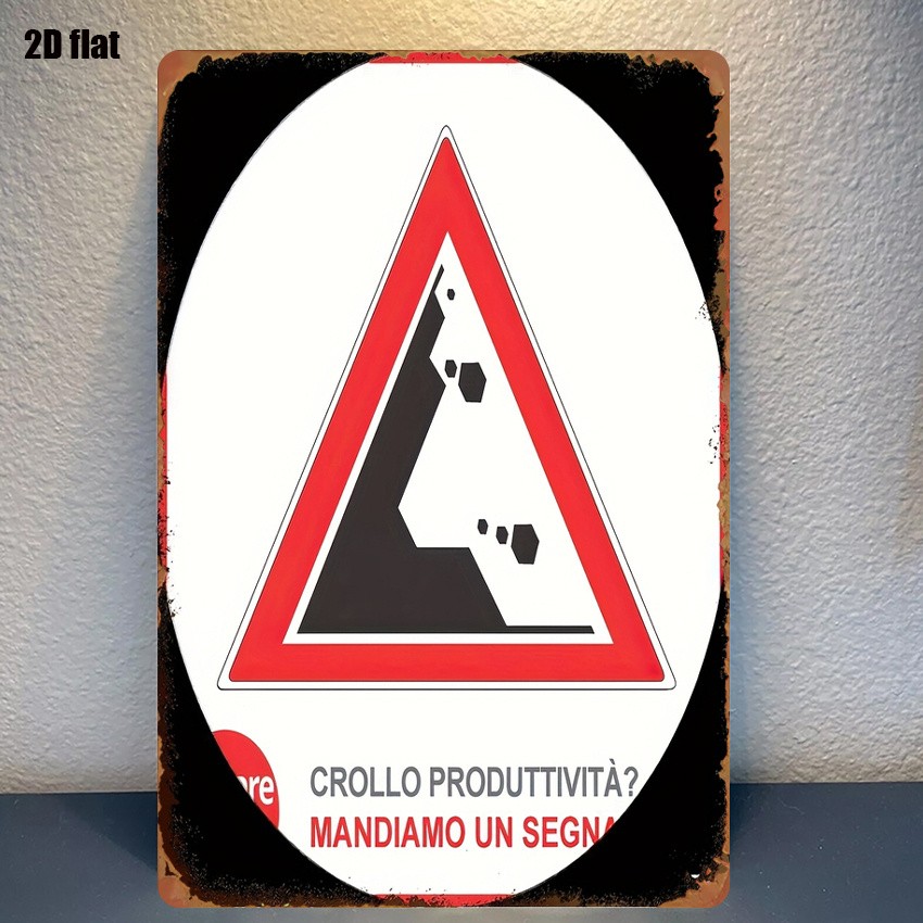 Retro triangular rockfall hazard metal sign with red border for outdoor wall art gallery