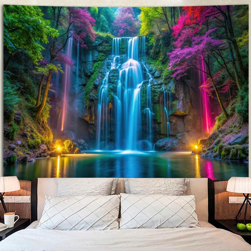 Blacklight Waterfall Tapestry - UV Reactive Glow in the Dark Neon Forest Wall gallery