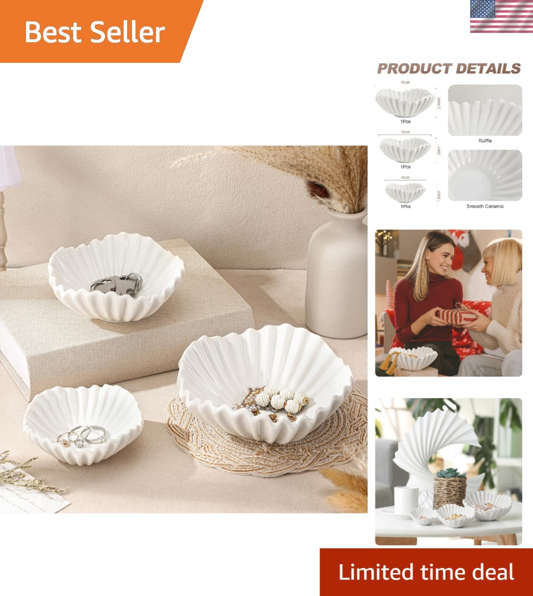 Stylish 3-Pc Ceramic Ruffle Bowl Set – Decorative Centerpiece for Any Occasion gallery