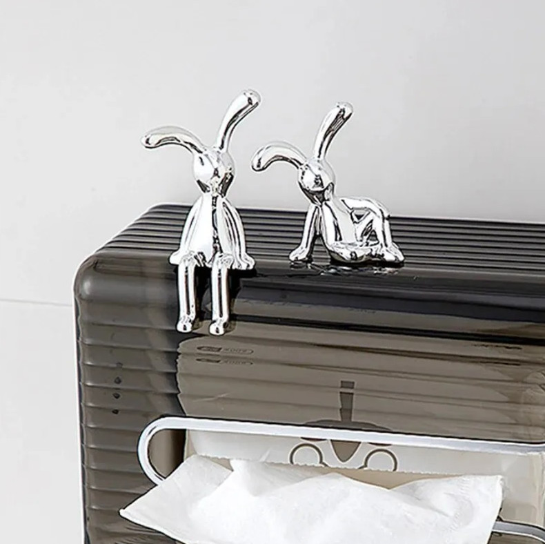 2pc Silver Long-Eared Rabbit Double Statue Cartoon Desktop Ornament - NEW gallery