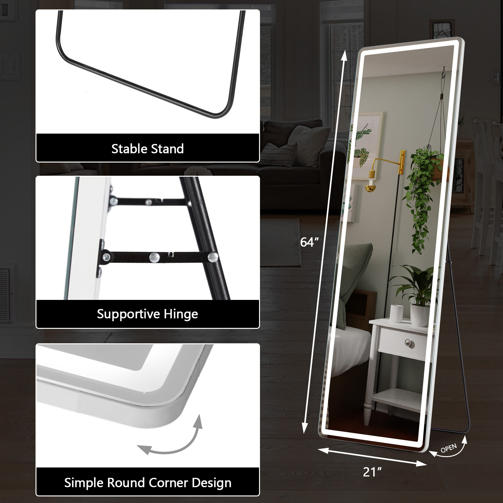 Full Length Mirror Rectangle 3-Color LED Light Standing Leaning Wall Mounted gallery