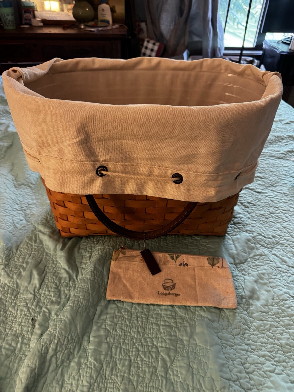 Longaberger Large Rectangular Lined Basket 15x10x12 Beige/Brown Handles gallery