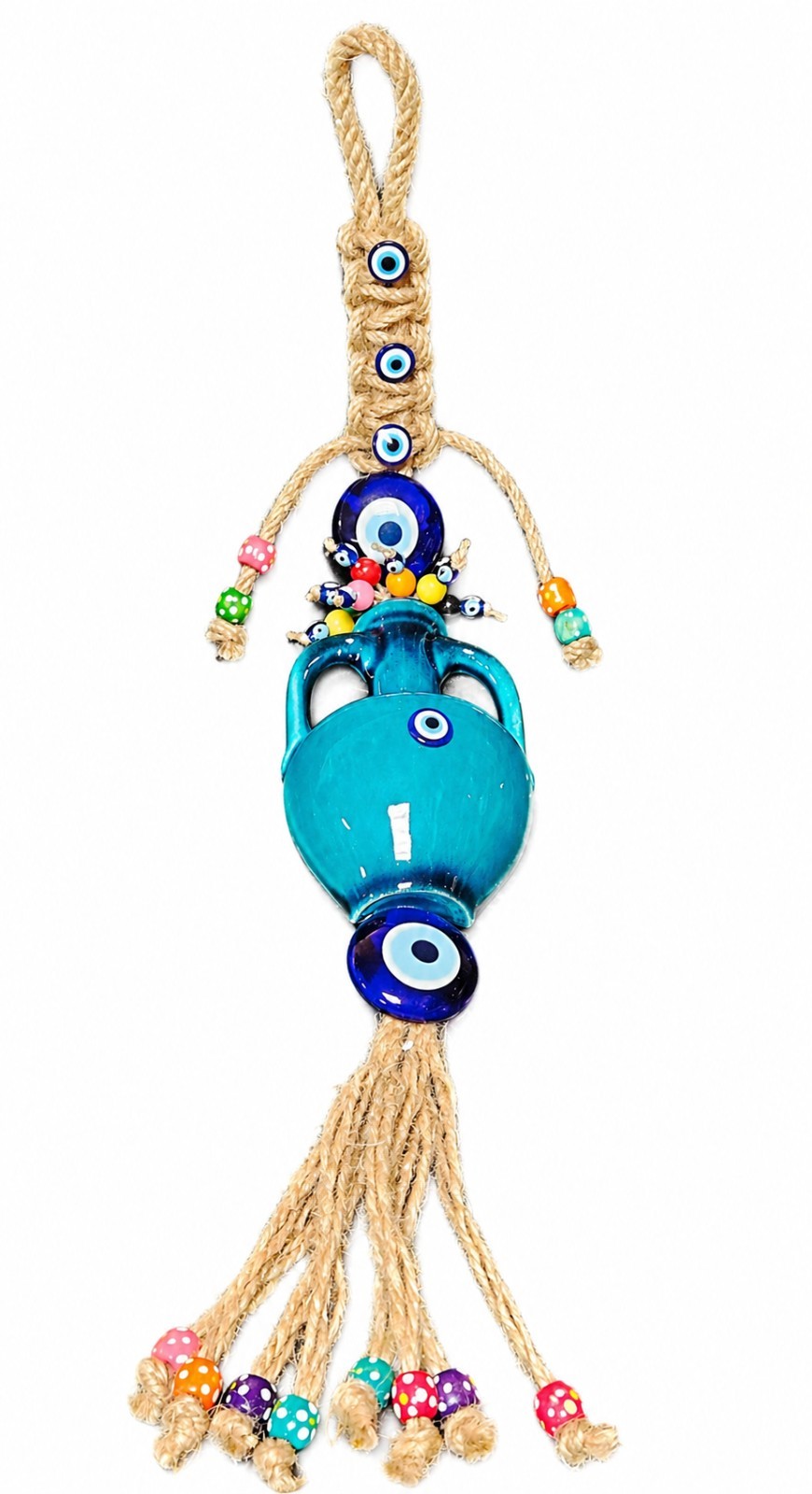 Hand-Crafted Turkish Ceramic Pitcher Evil Eye Glass Bead Wall Hanging Multicolor gallery