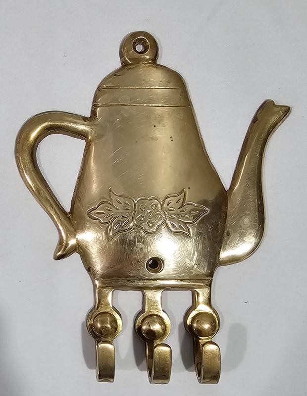 Brass Teapot Wall Hook Decorative Kitchen Key or Hotpad Holder 3 Hooks Vintage gallery