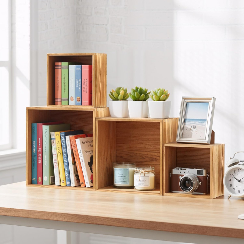 8-Pack Pine Wood Buffet Risers, Multi-Size Nesting Cube Food Display Stands for gallery