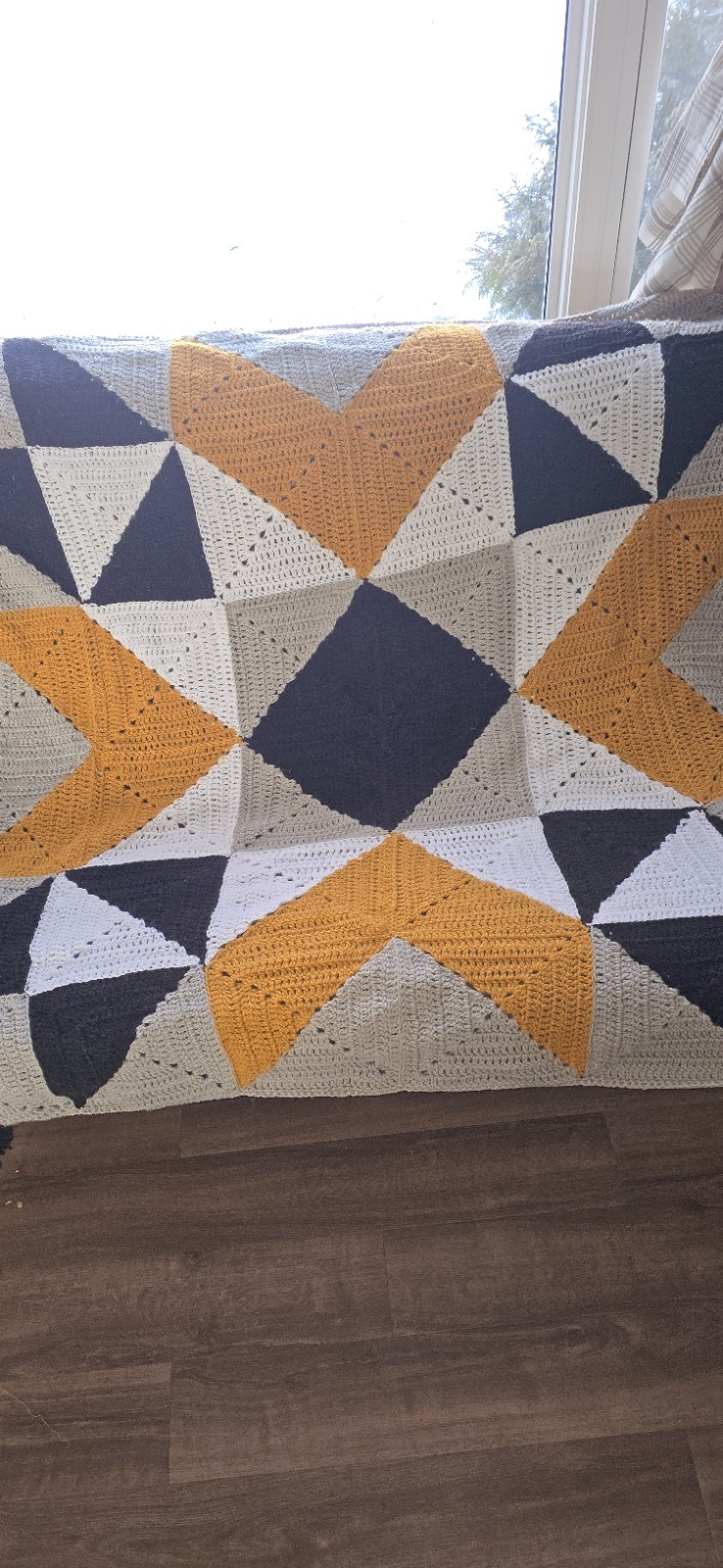 Handmade Crochet Barn Quilt Throw Blanket Yellow Black White Gray 60"x58" gallery