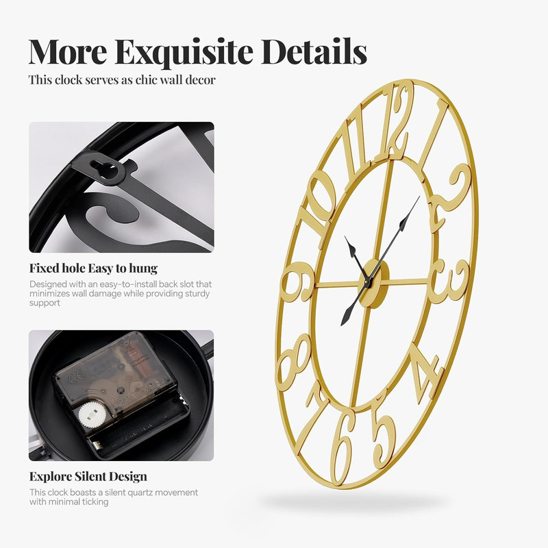 Elegant 24" Gold Wall Clock - Silent, Modern Design for Home & Office Decor gallery