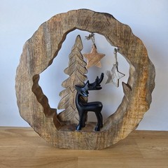 Solid Wood Wall Or Table Decor With Deer Pine Tree And Stars 13in Round
