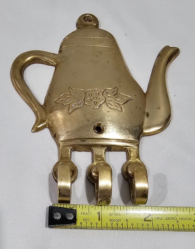 Brass Teapot Wall Hook Decorative Kitchen Key or Hotpad Holder 3 Hooks Vintage gallery