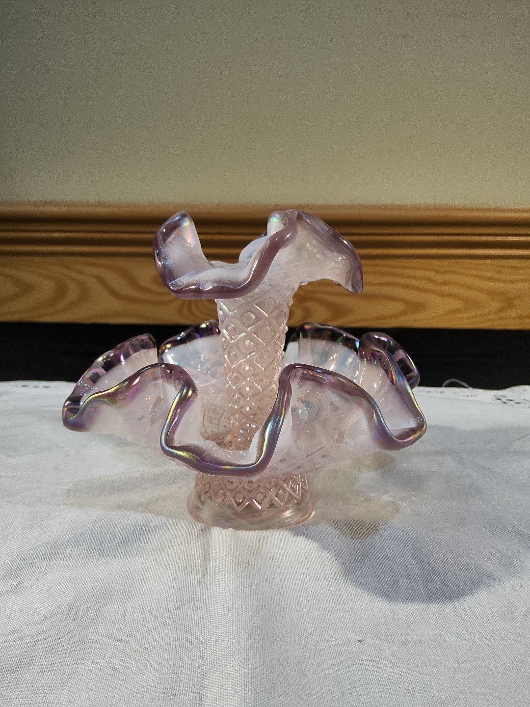 Fenton QVC Miniature Epergne Single Horn French Opalescent Diamond Lace Lavender gallery