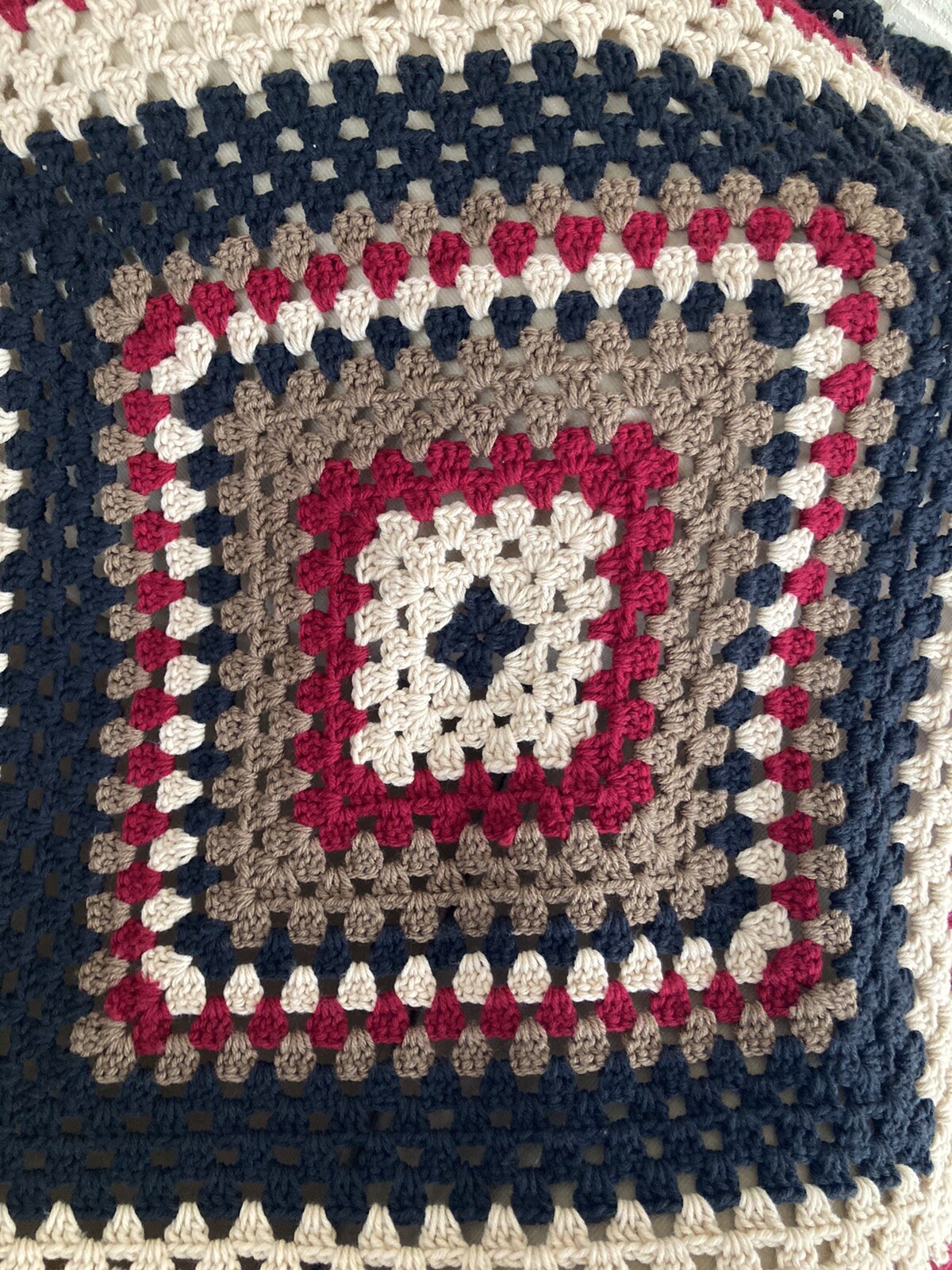 New Handmade crocheted afghan throw Granny Sq Red Blk Brn White Approx 52” Sq gallery