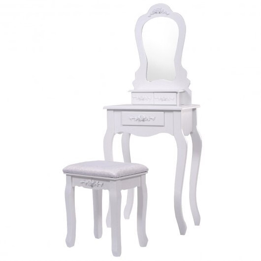 Makeup Dressing Table and Bench 3 Drawers and Cushioned Stool for Girls-White gallery
