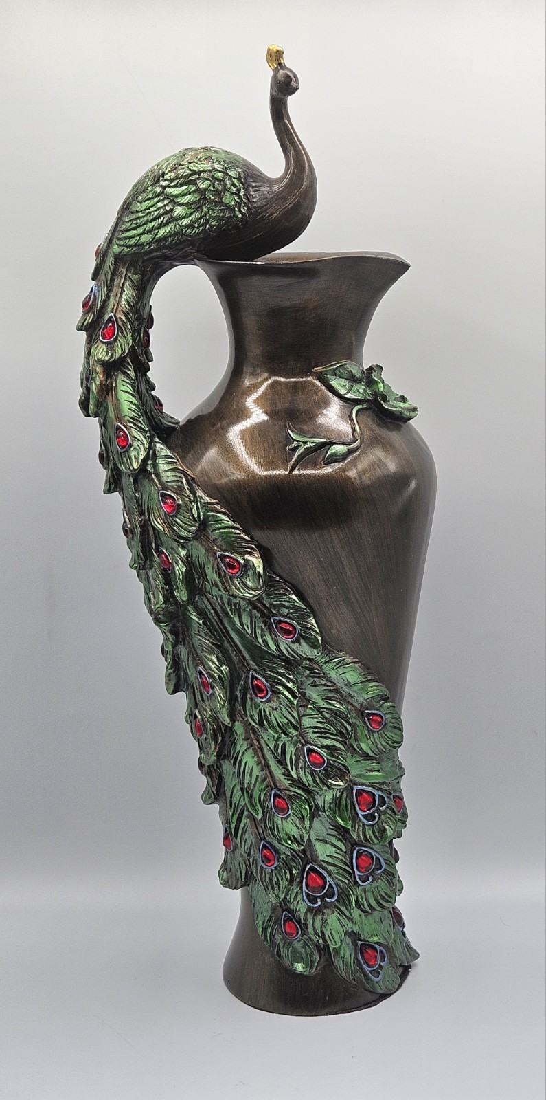 Large Bronze Tone Decorative Vase with Peacock & Flower 19" Tall gallery