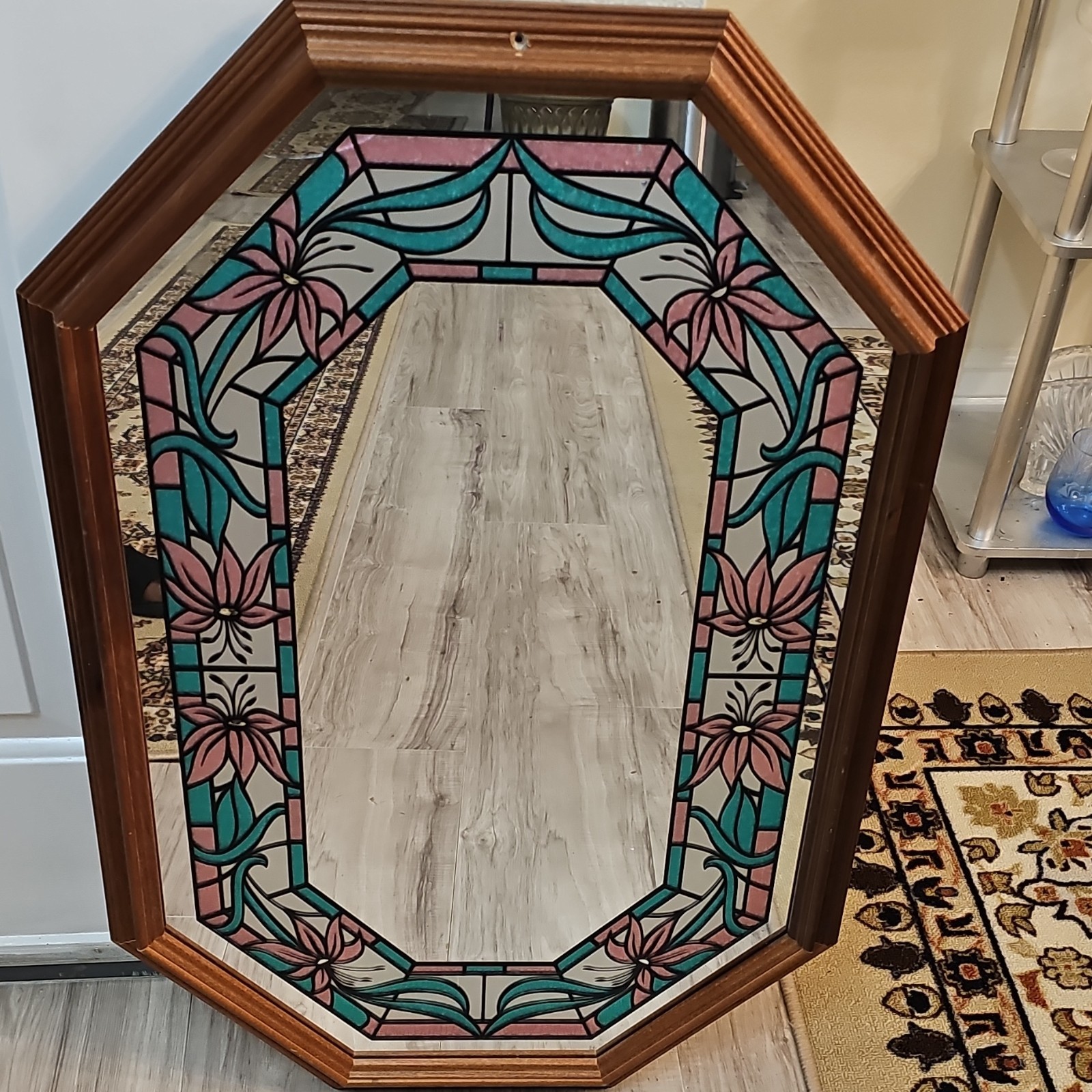 Floral Stained Glass Border Wall Mirror Wood Frame 31x17 small Crack on top left gallery