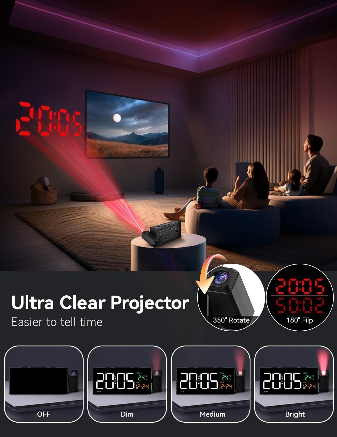 Projection Alarm Clock w Ceiling Projector 180° Rotatable Date Temp Snooze Black gallery