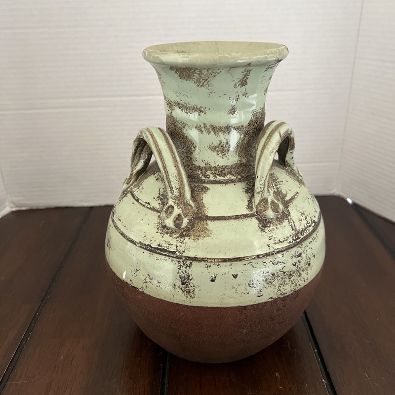 Rustic 2Tone CeramicDecor Vase W/Celadon Style Glaze &Terracotta Base W/3Handles gallery