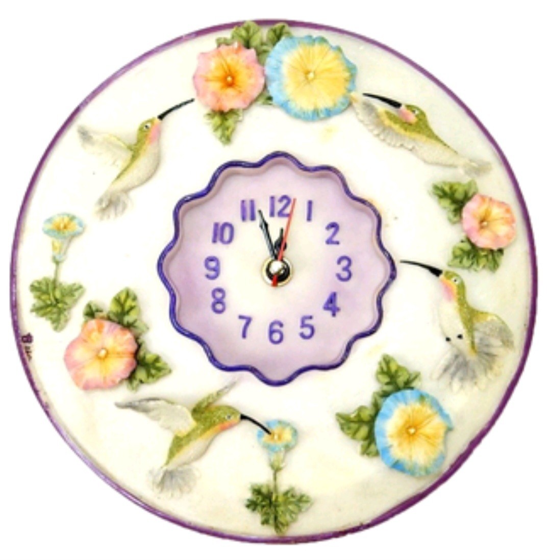 Hummingbirds Clock 8” Round 3D Polystone Flowers Wall Decor Painted Whimsical gallery