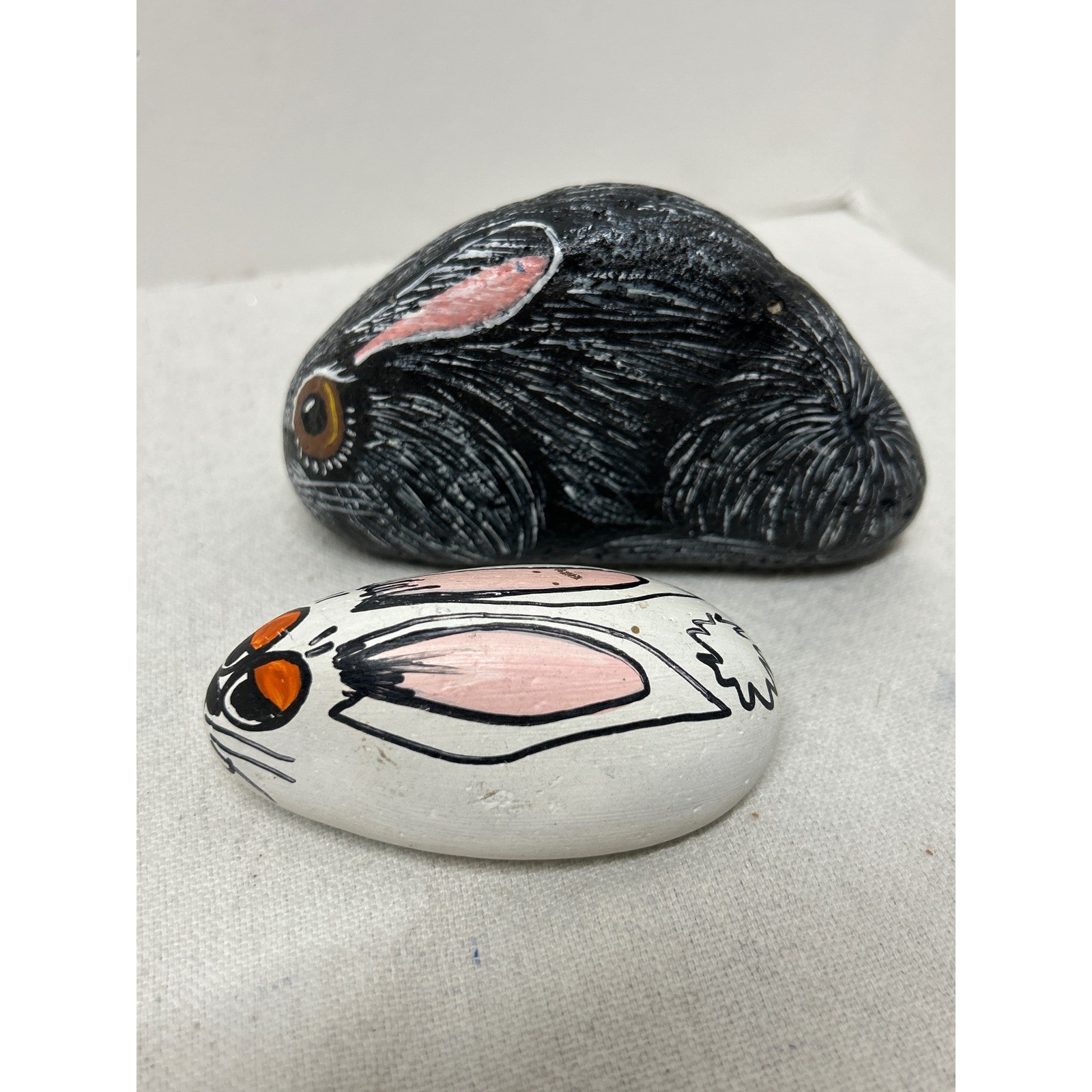 Vintage Hand Painted Rabbit Rocks Set of 2 Black and White Bunny Folk Art Decor gallery