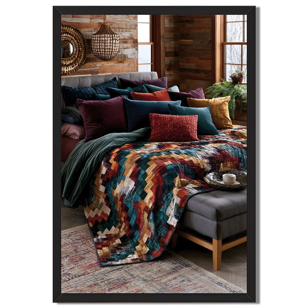 Boho Patchwork Quilt Framed Canvas Print Wall Art Painting Pictures Decor