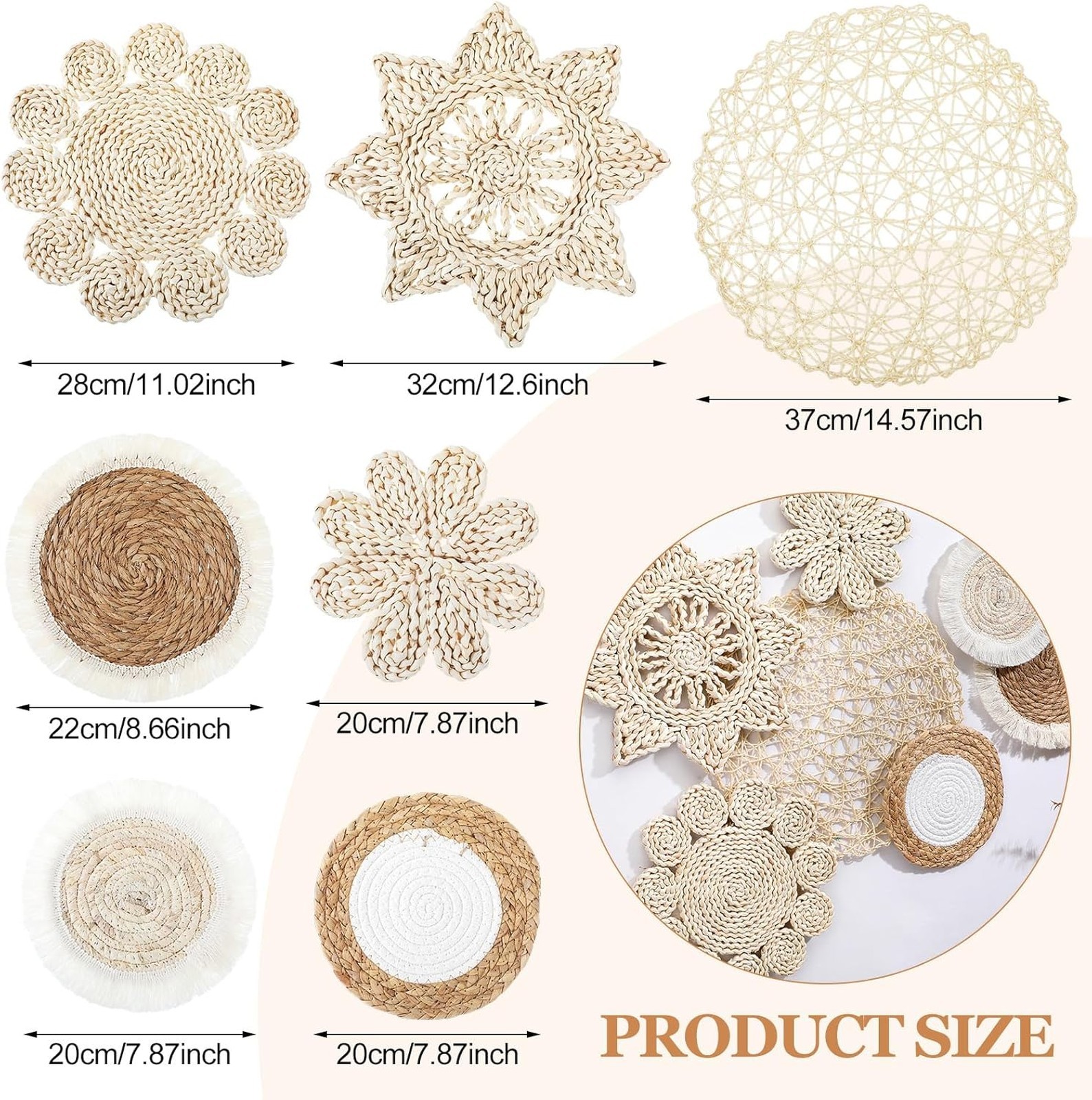 7 Piece Boho Wall Basket Decor Set Rattan Wicker Round Wall Art for Farmhouse gallery