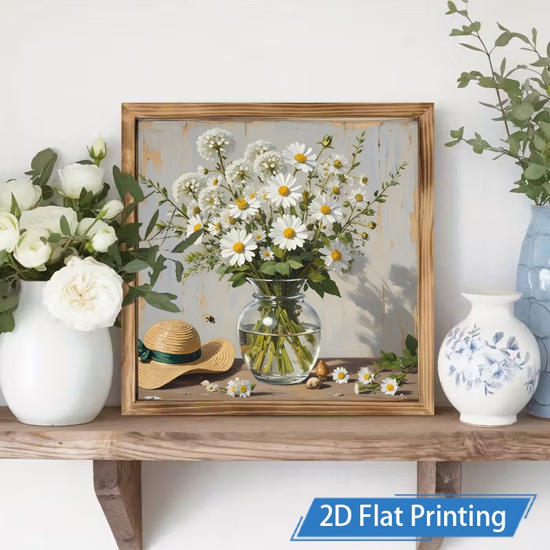 Rustic Textured White Daisy Flower Vase Bee Art Wooden Sign Living Room Wall gallery