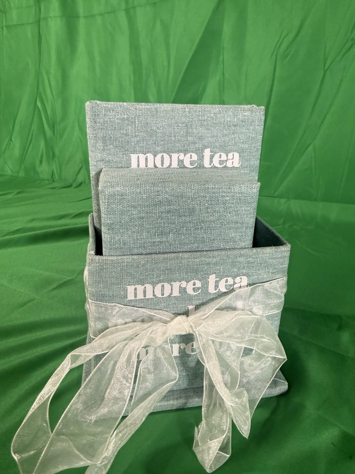 Decorative Fabric Storage Box Set, Blue Gold White, Stackable with Lid, 3 Pack gallery