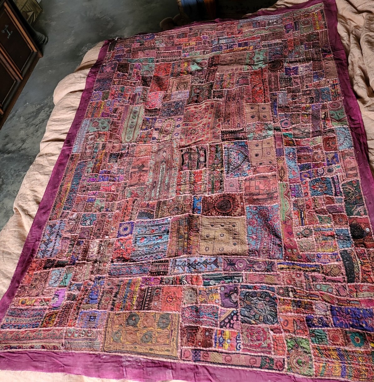 VTG BOHO Patchwork TAPESTRY Gypsy Wall Hanging Rajasthani 72" Burgundy Cotton gallery