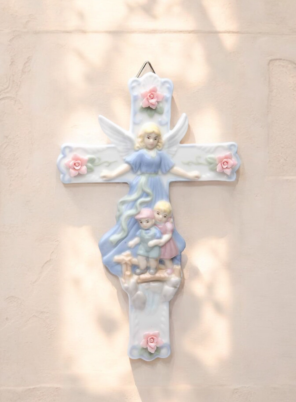 Ceramic Guardian Angel Watching Over Children Cross, Religious Decor or Gift, Ba gallery
