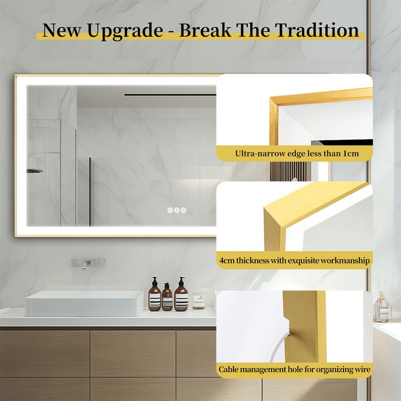 56/60/63 Inch Rectangular Gold LED Bathroom Mirror with Front-lit Vanity Mirror gallery