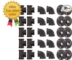 1/2″ Pipe Fitting, 30 Pack Gray Floor Flange/Elbow/Tee Combo for Industrial Vint