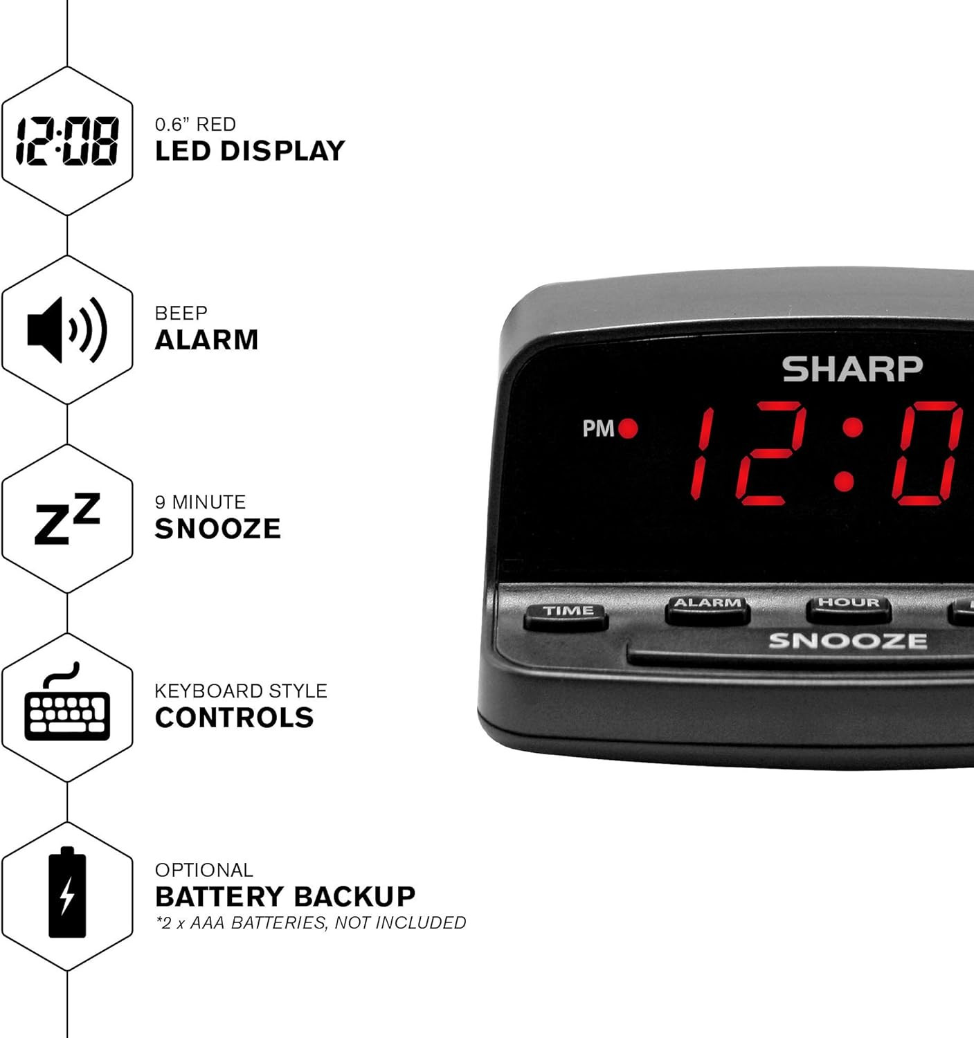 Sharp Digital Alarm Clock with Keyboard Style Controls, Battery Black gallery