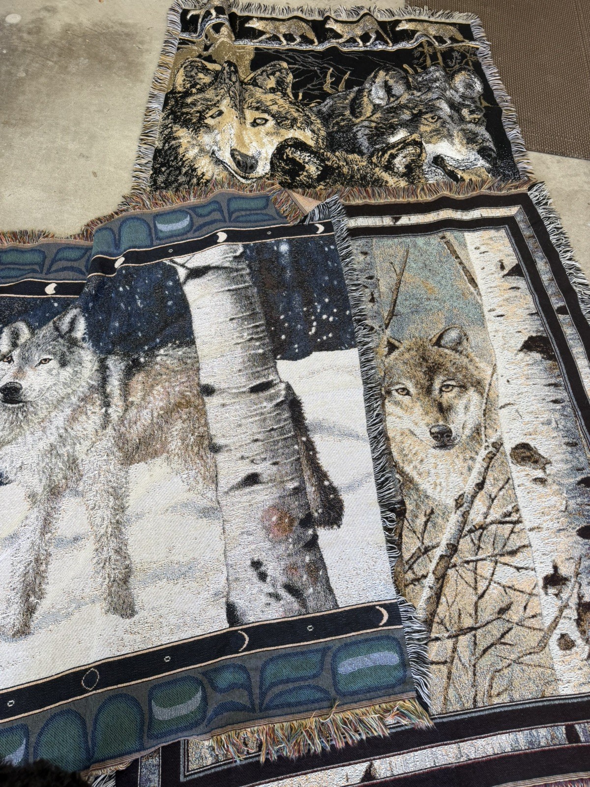 Wolf In Birch Trees Tapestry Throw Blanket lap 47”x53" LOT 3!! Wolves fringe gallery