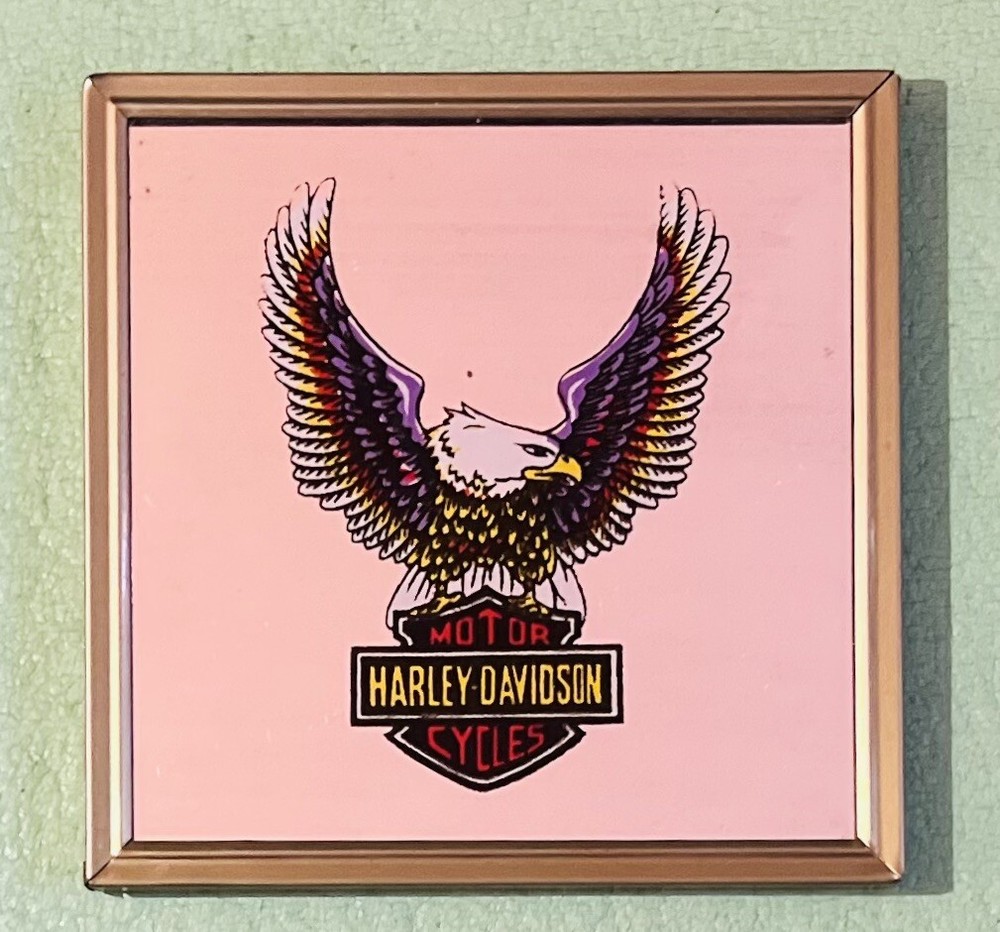 Harley Davidson Wall Mirror Bar Shield Eagle Color Brass Framed, 4" x 4" Vintage