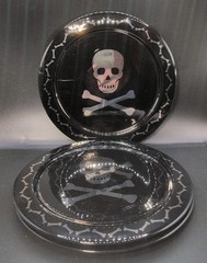 (3) 8″ Silver Black Skull Crossbones Ceramic Halloween,Gothic Plate Set B448