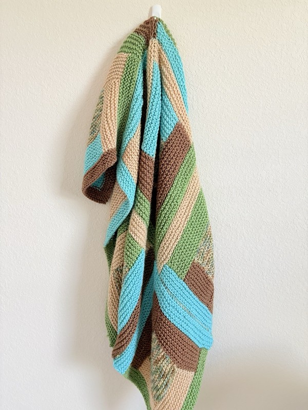 Hand Knit Patchwork Throw Blanket Boho Cottagecore Green Tan 39x37 gallery