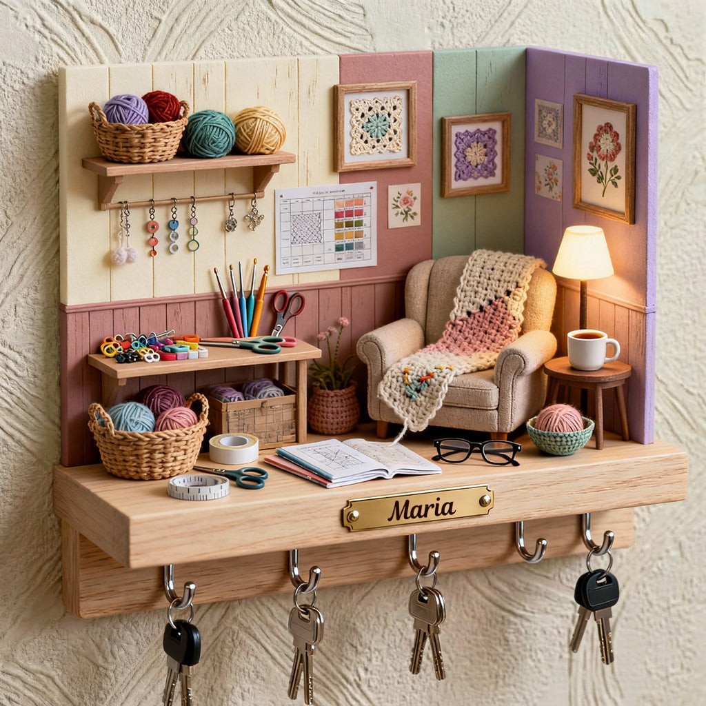 Personalized Crochet Key Holder, Craft Room Wall Hooks Custom Name Decor Gift gallery