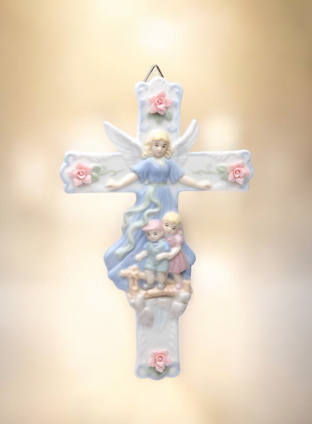 Ceramic Guardian Angel Watching Over Children Cross, Religious Decor or Gift, Ba gallery