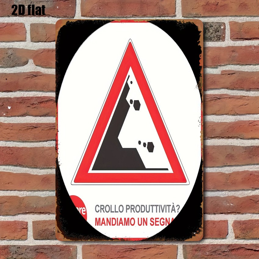 Retro triangular rockfall hazard metal sign with red border for outdoor wall art gallery