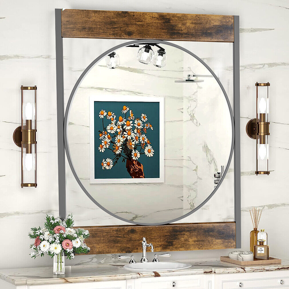 Round Wall Mirror w/ Rectangular Frame for Bathroom Living Room Entryway Bedroom gallery