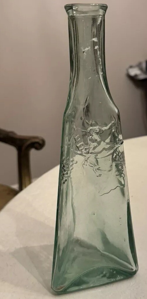 Green Glass Vase Bottle Triangular Base Grapes Recycled Wine Oil Upcycled gallery