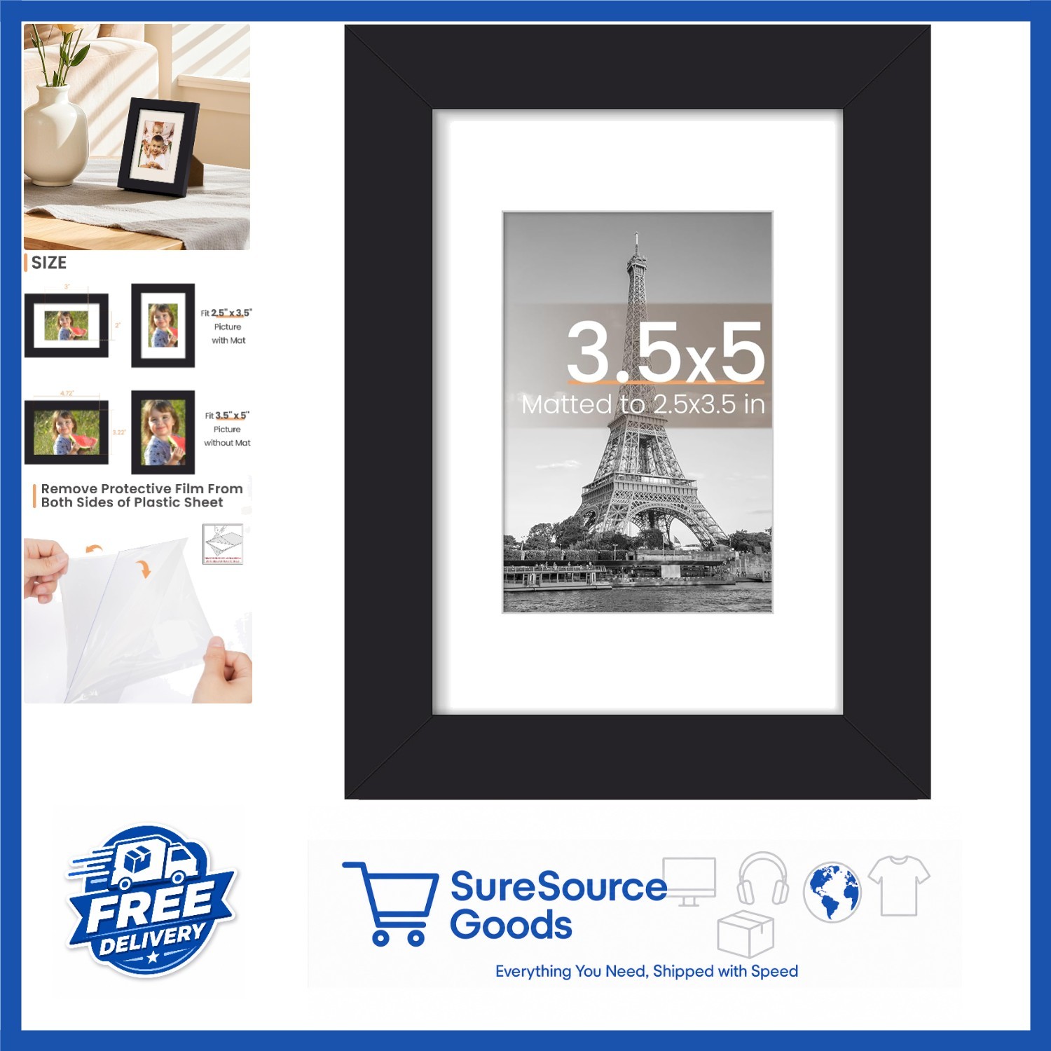 3.5x5 Rectangular Picture Frame Black Plastic for Grandparents Day Gift gallery
