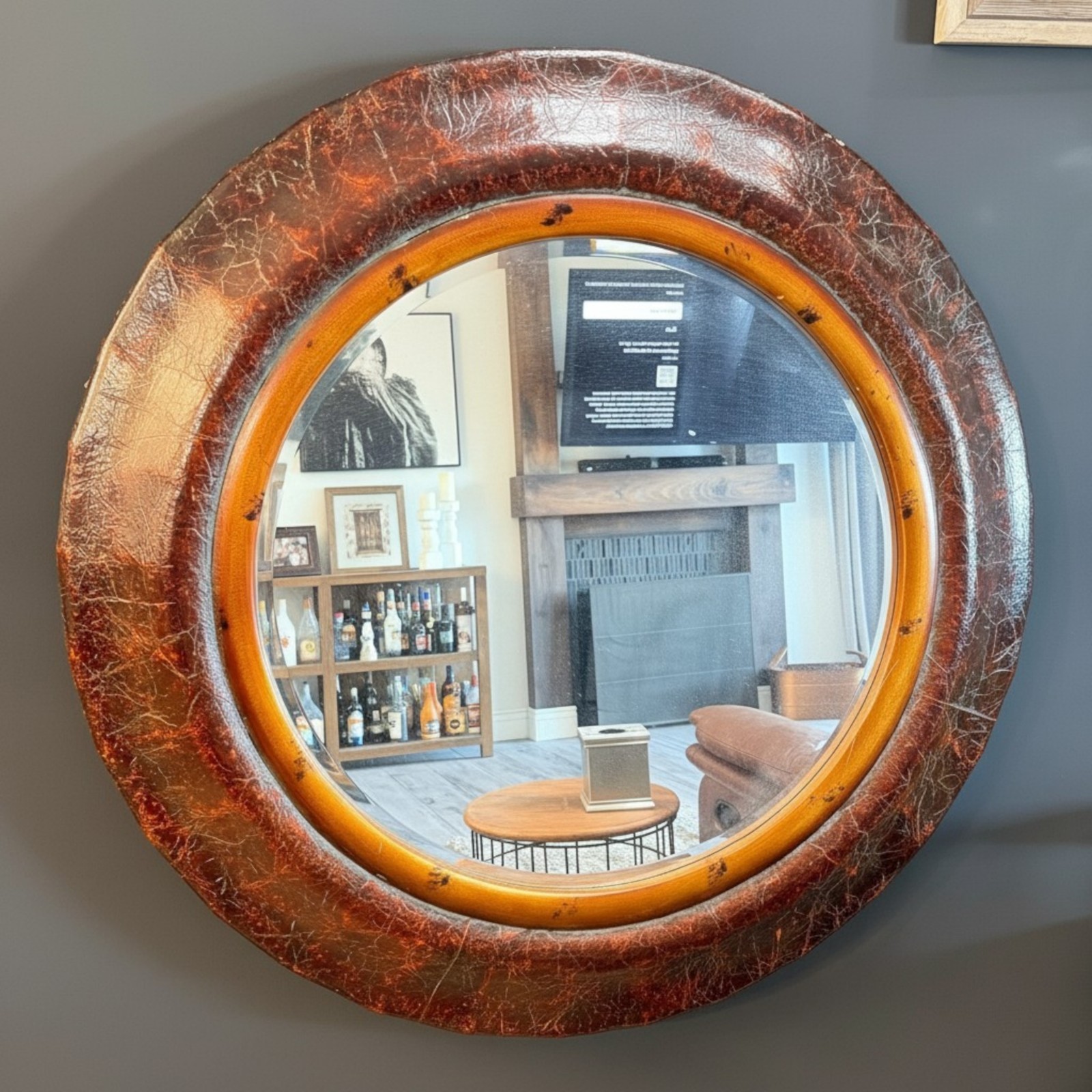 Round Distressed Brown Copper Wall Mirror Decorative Accent Mirror gallery