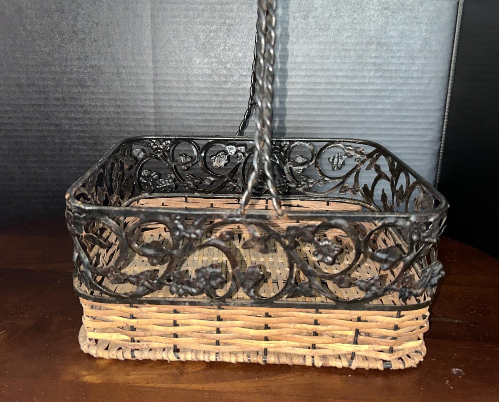 Wicker Wrapped Around Wire Metal Design Basket With Handle gallery