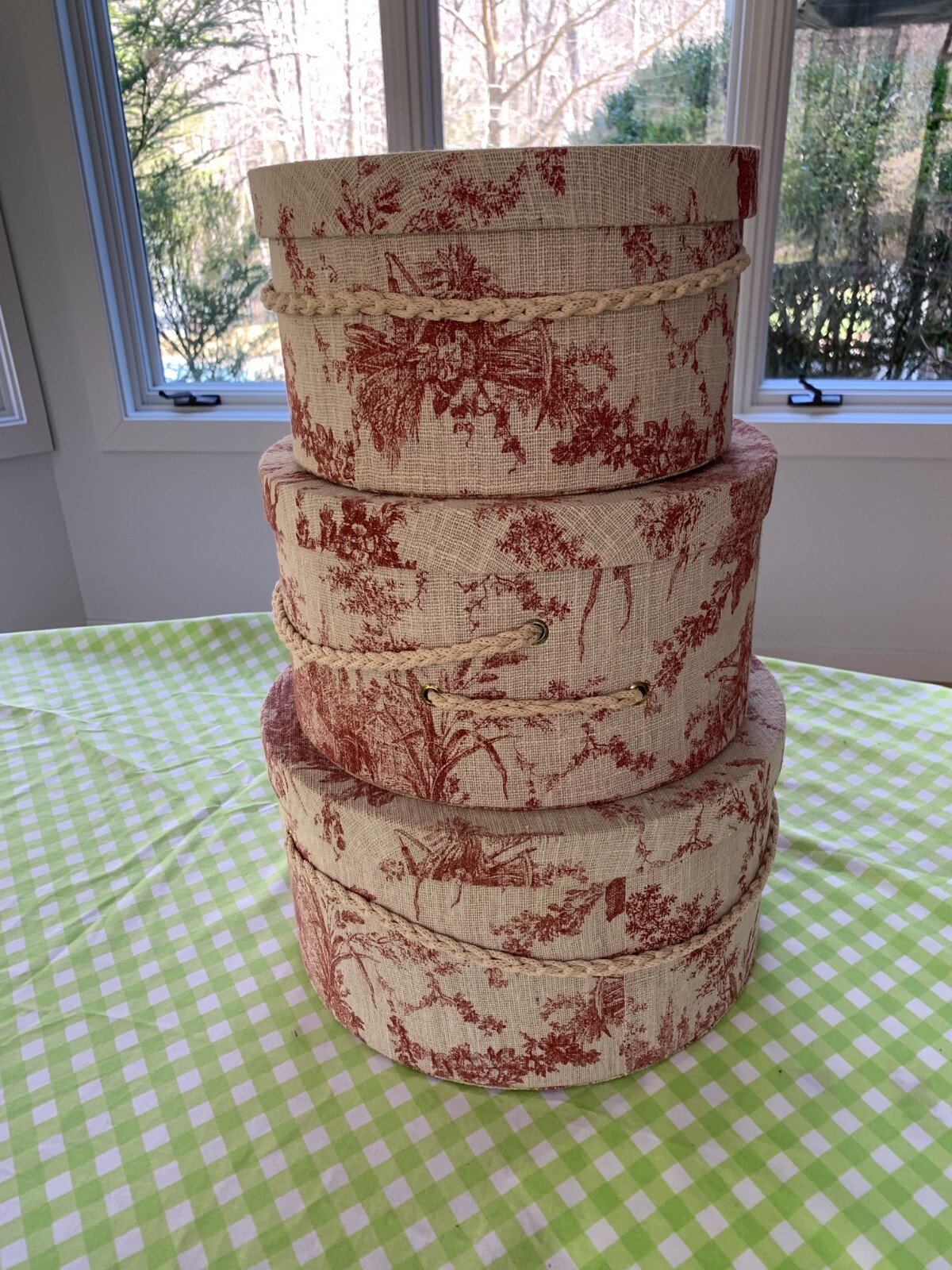 3 Toile Nesting Hat Storage Boxes. Red on Cream. 13 1/2", 11 3/4", 10 1/2"Diam. gallery