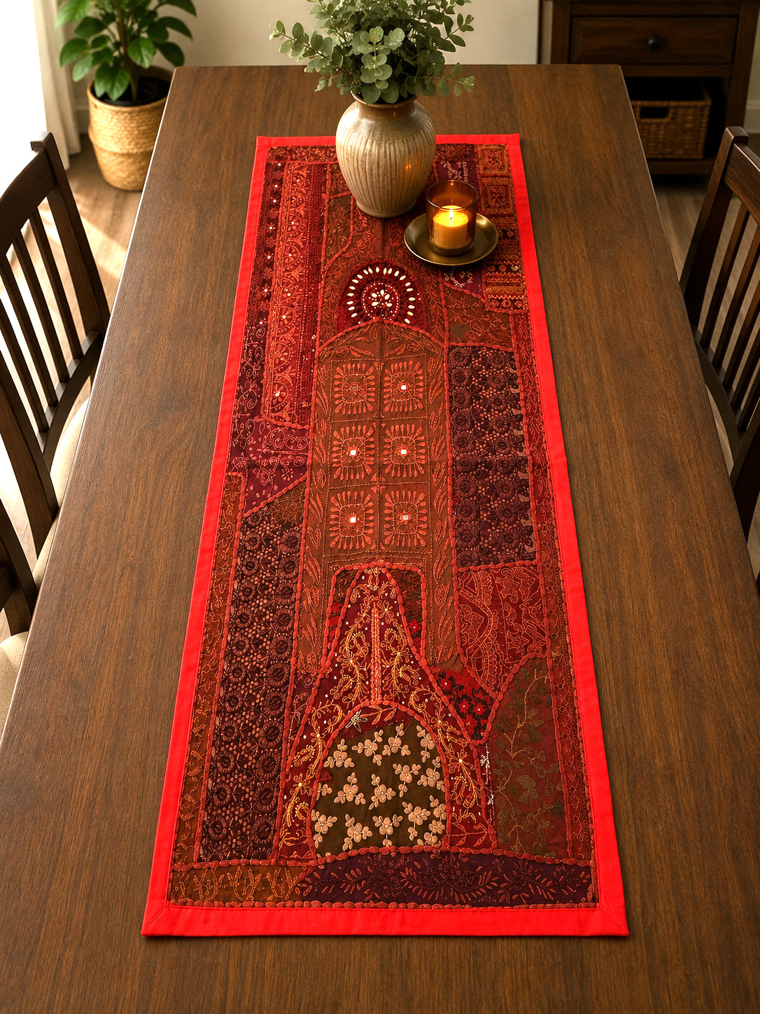 Vintage Kantha Patchwork Table Runner Wall Hanging 18x33 Boho Embroidered Red gallery