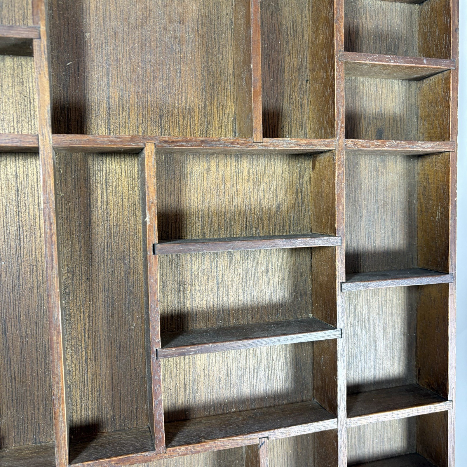 VTG Wooden Shadow Box Display Case Compartment Trinket Shelf Brown Tray 20"x18” gallery