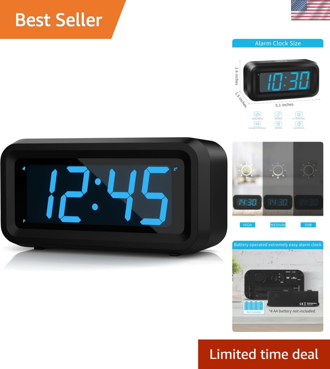 LED Alarm Clock with 1.2'' Blue Digits - Battery Operated & Snooze Function gallery