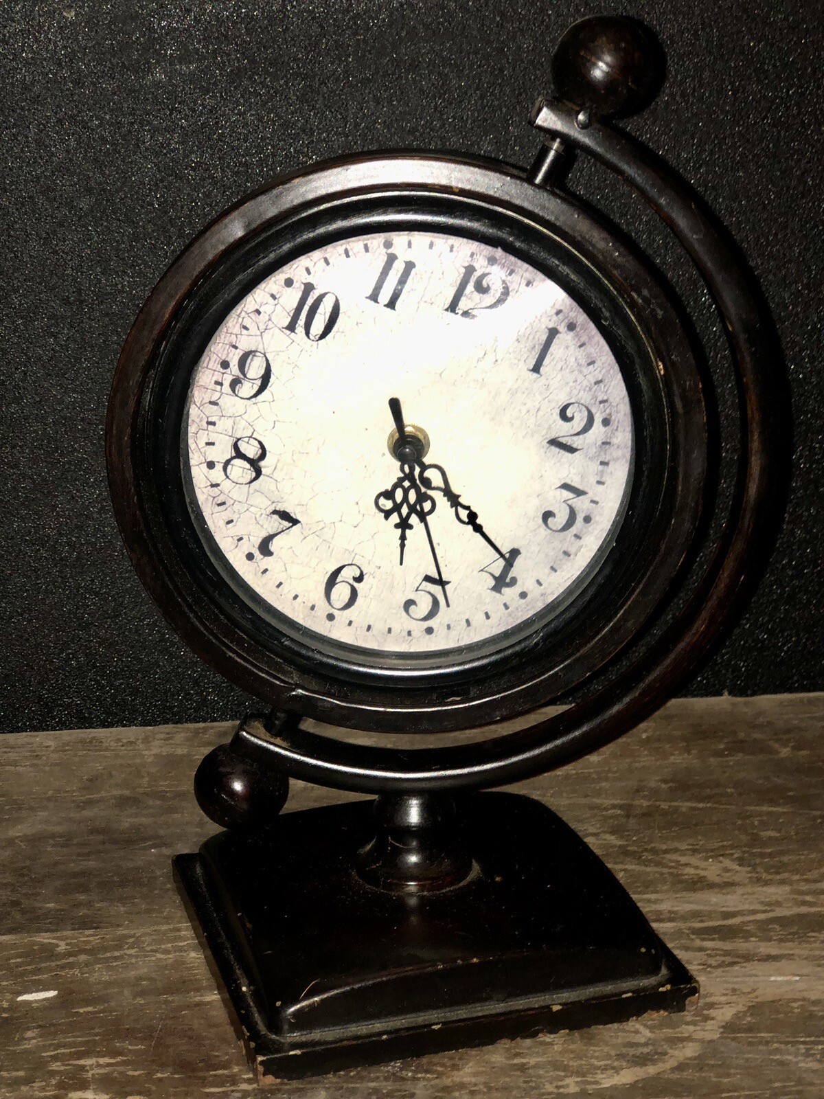 Table Clock, mantel or desk clock. Black metal. Round clock face On Tilt Stand gallery