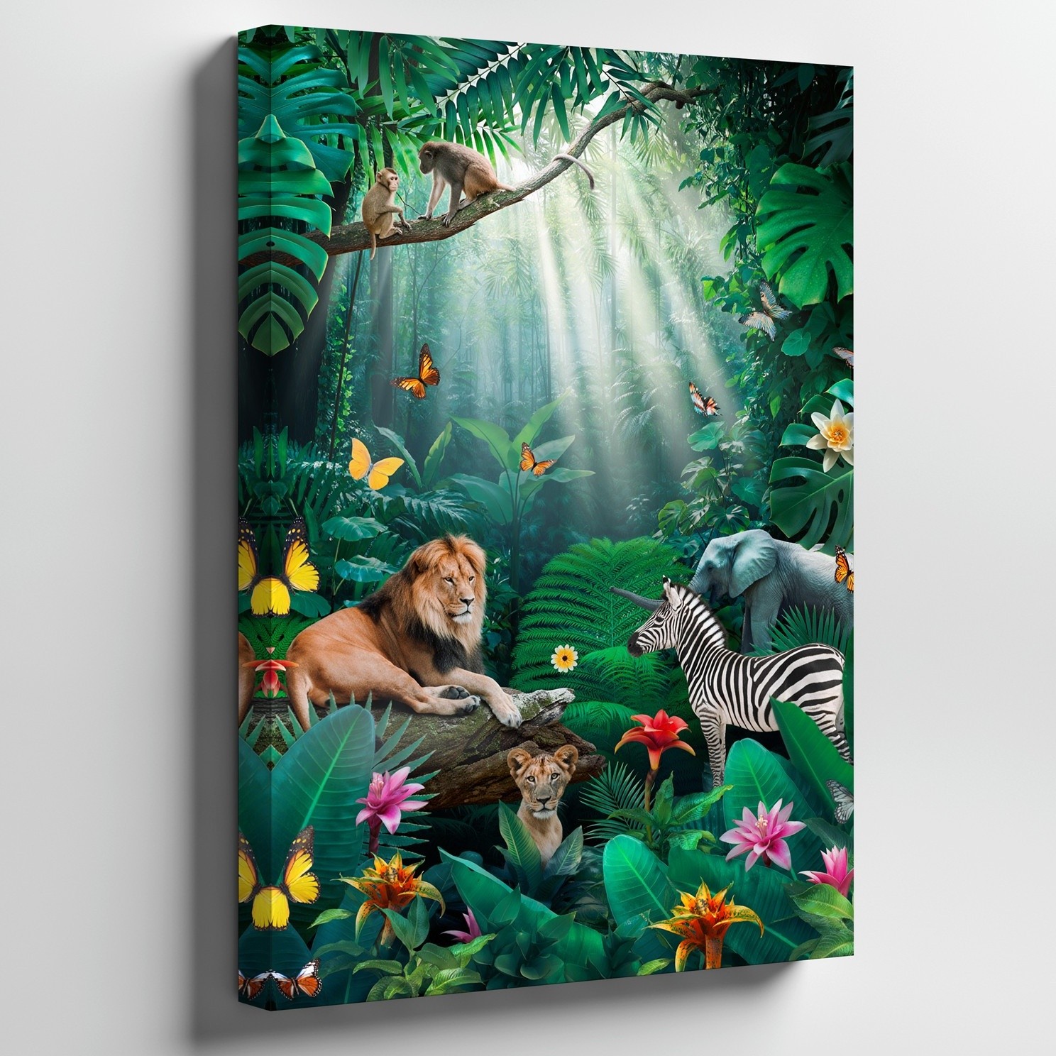 Vibrant Jungle Scene Teeming With Wildlife, Featuring A Majestic Lion Wall Art gallery